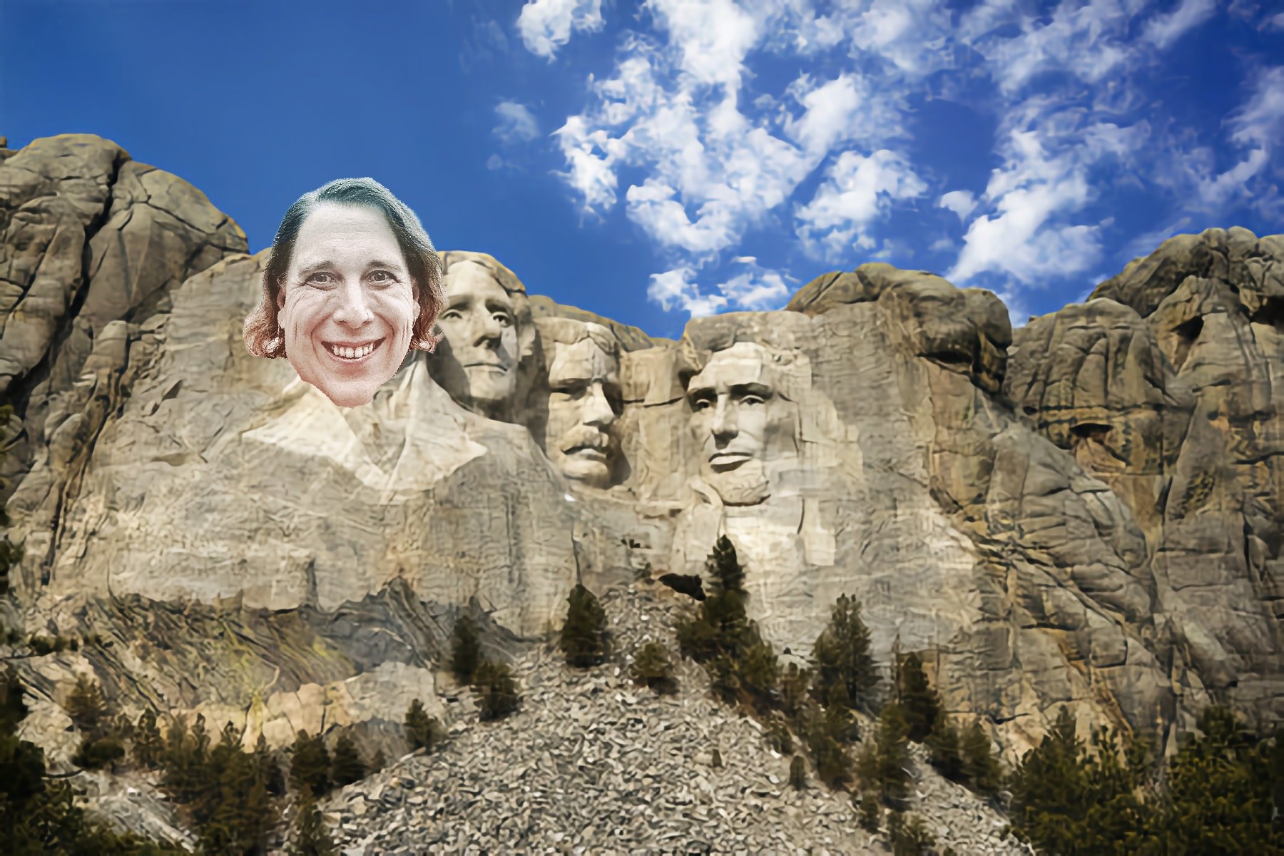 Amy Schneider's face in Mt Rushmore